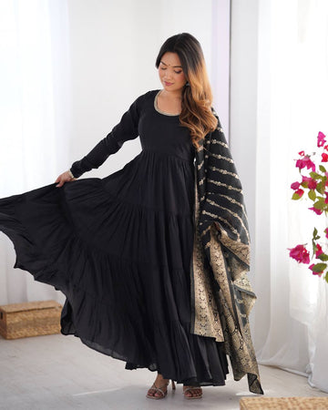 Black Roman Silk Chanderi Anarkali Suit Set