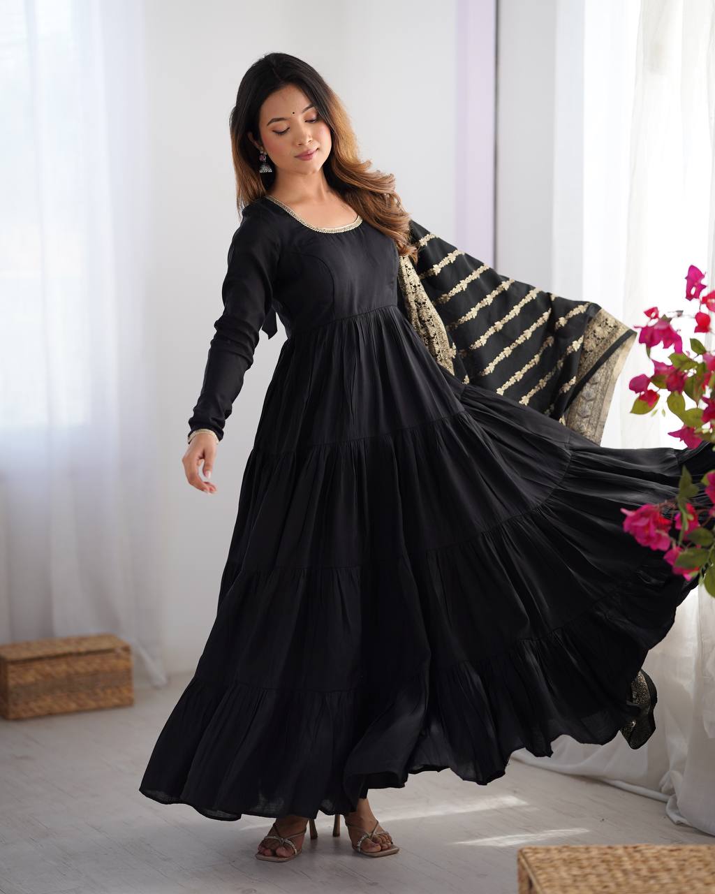 Black Roman Silk Chanderi Anarkali Suit Set