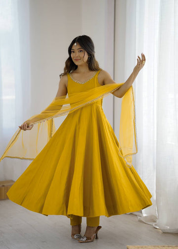 Yellow Roman Silk Chanderi Anarkali Suit Set