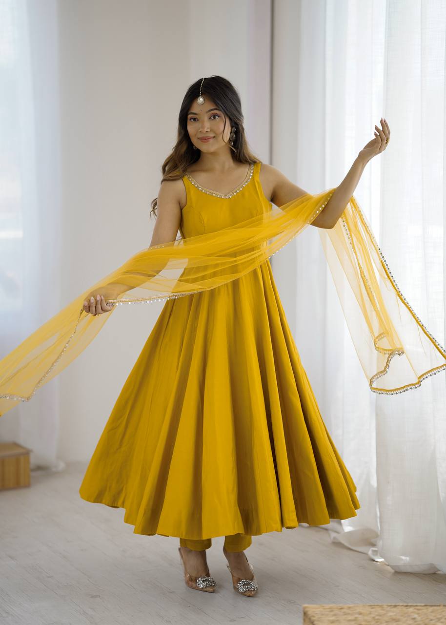 Yellow Roman Silk Chanderi Anarkali Suit Set