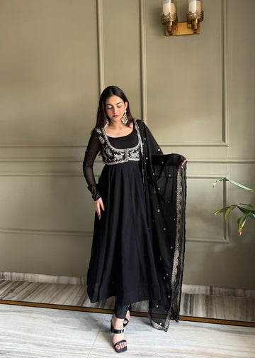 Black Faux Georgette Embroidered Koti Anarkali Suit Set