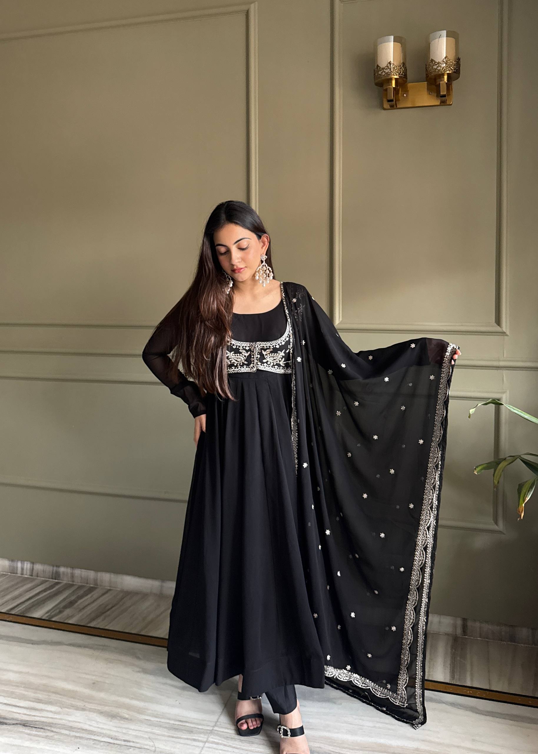 Noor Black Heavy Embroidered Koti  Designer Anarkali Set