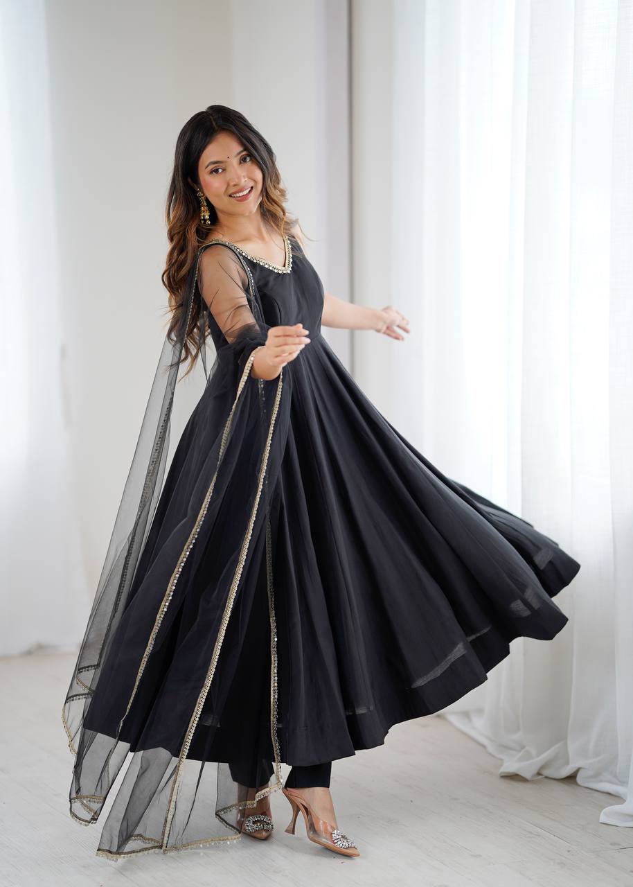 Black Roman Silk Chanderi Anarkali Suit Set