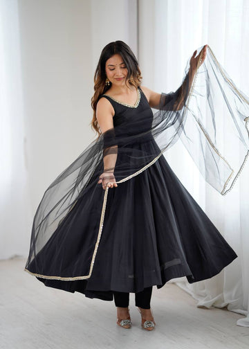 Black Roman Silk Chanderi Anarkali Suit Set