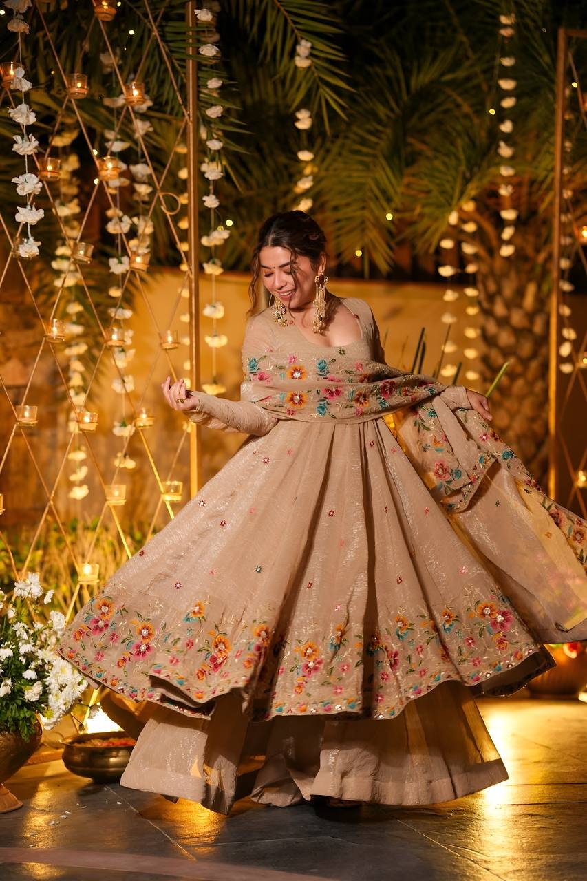 Beige Shades Crunchy Silk Slit Anarkali Palazzo Suit Set