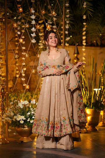 Beige Shades Crunchy Silk Slit Anarkali Palazzo Suit Set