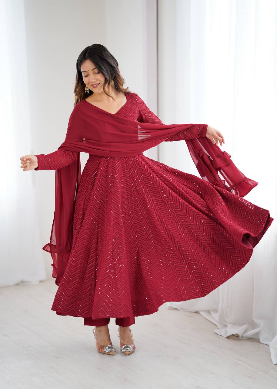 Maroon Lucknowi Faux Georgette Anarkali Suit Set
