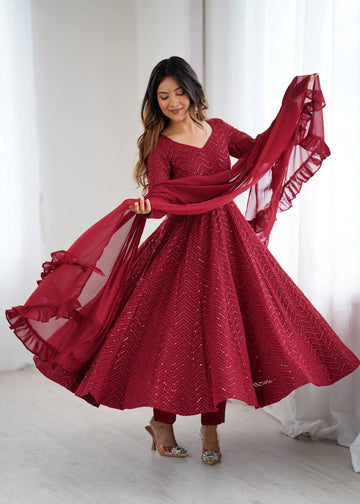 Maroon Lucknowi Faux Georgette Anarkali Suit Set