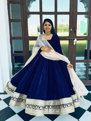 Blue Viscose Velvet Embroidered Anarkali Suit Set