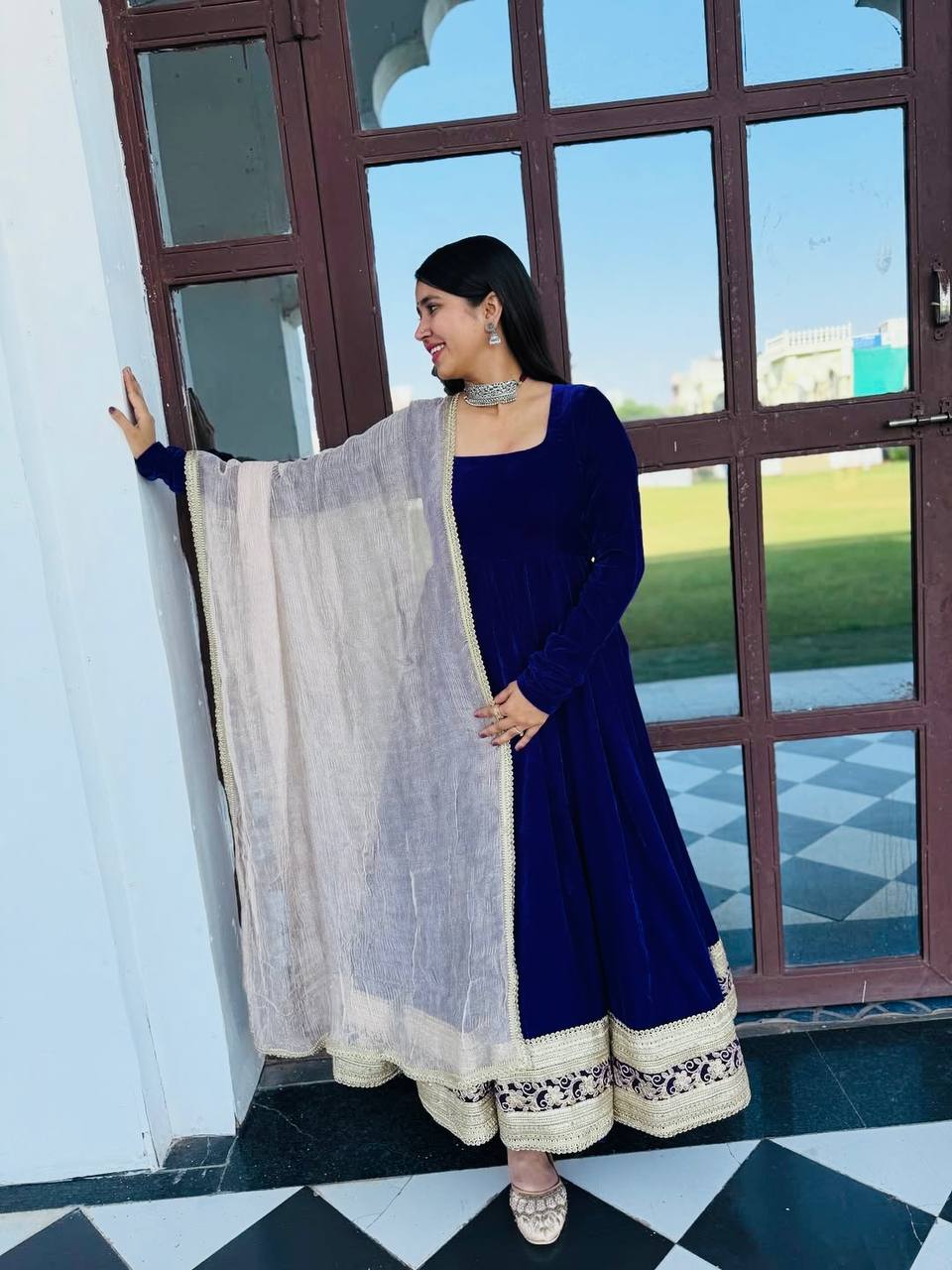Blue Viscose Velvet Embroidered Anarkali Suit Set