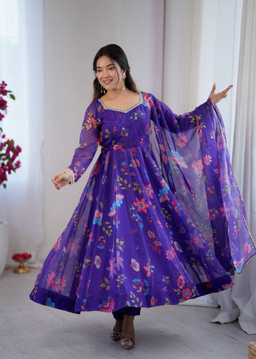 Royal Purple Floral Organza Kali Cut Anarkali Suit Set