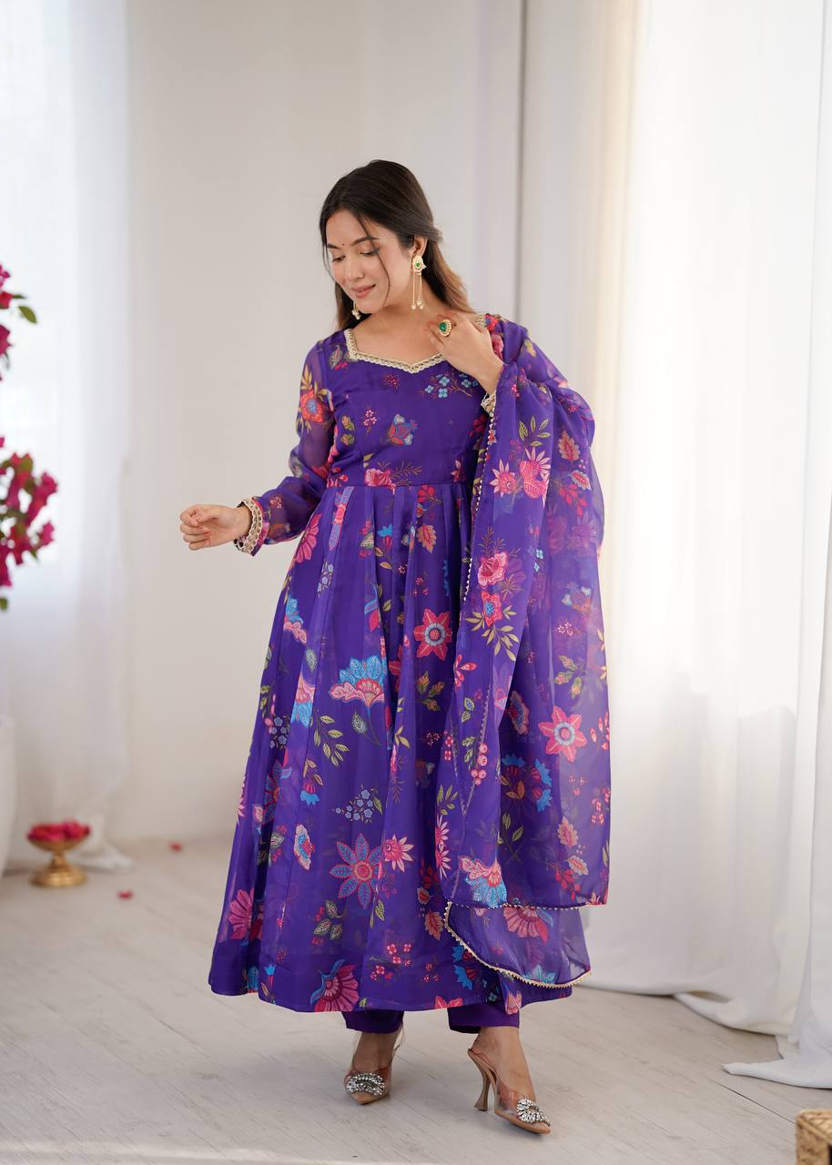 Royal Purple Floral Organza Kali Cut Anarkali Suit Set
