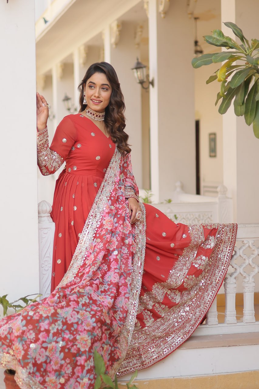 Red Embroidered Faux Georgette Anarkali Gown with Dupatta