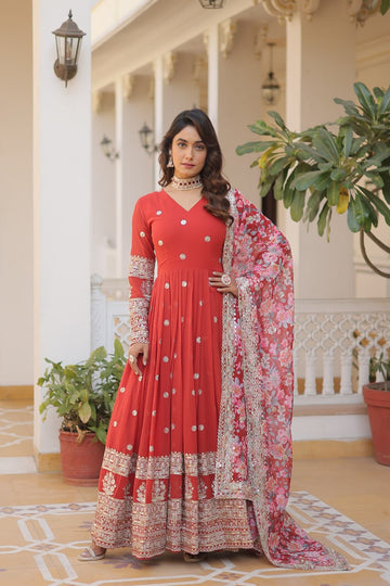 Red Embroidered Faux Georgette Anarkali Gown with Dupatta