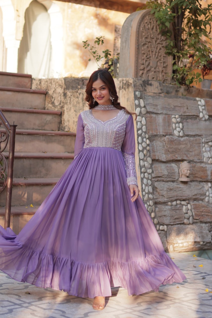 Purple Star Georgette Embroidered Anarkali Gown with Dupatta