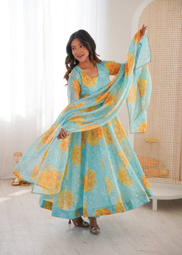 Sky Blue Anarkali Set for Women with Dupatta