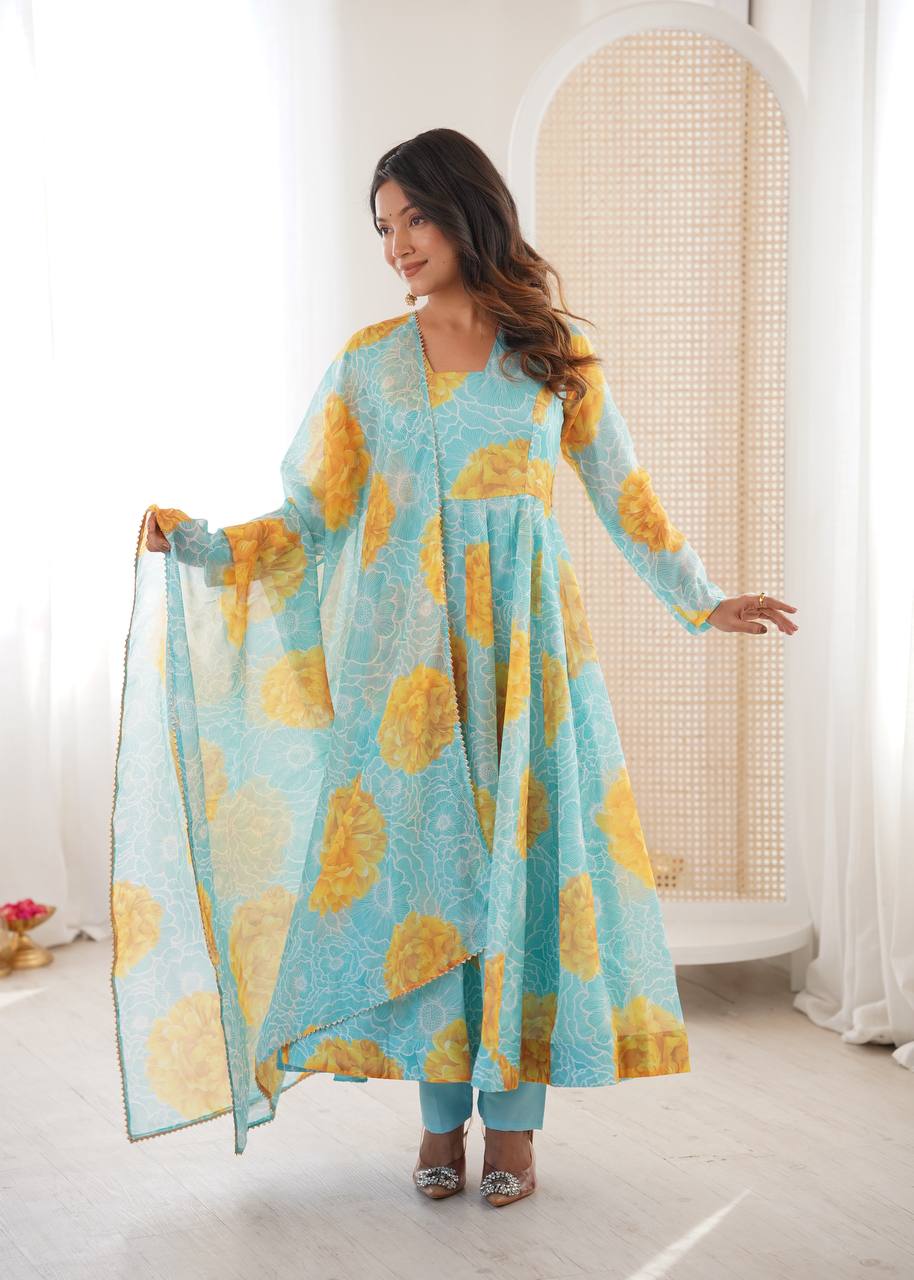 Sky Blue Anarkali Set for Women with Dupatta