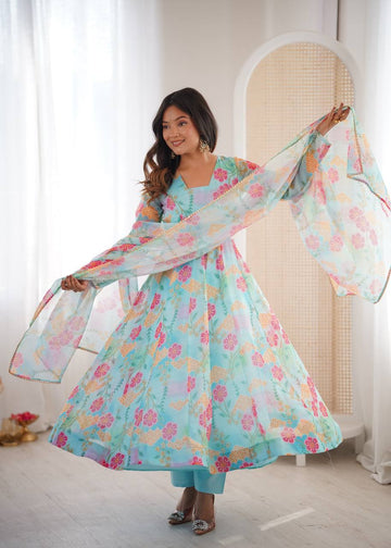 Sky Blue Floral Organza Kali Cut Anarkali Suit Set