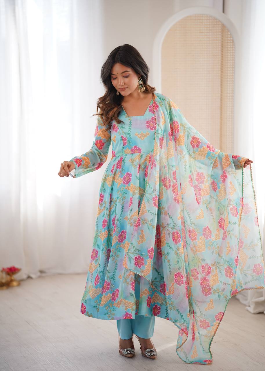 Sky Blue Floral Organza Kali Cut Anarkali Suit Set