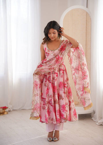 Pink Muslin Floral Straight Kali Cut Anarkali Suit Set