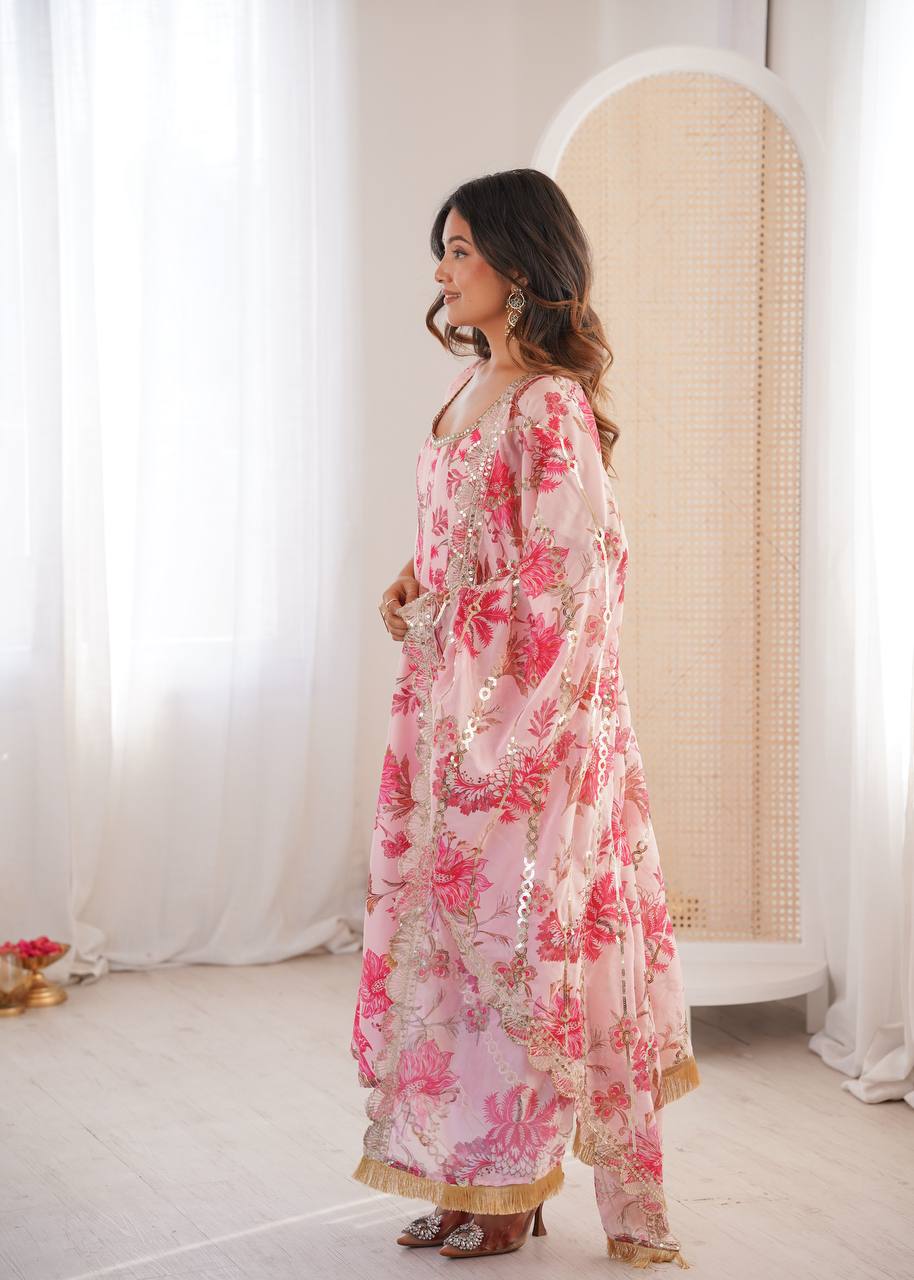 Pink Muslin Floral Straight Kali Cut Anarkali Suit Set
