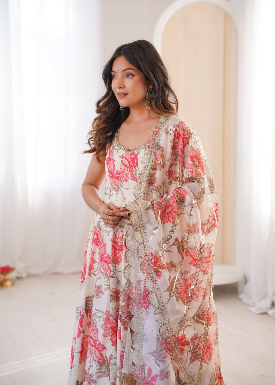 Peach Muslin Floral Straight Kali Cut Anarkali Suit Set