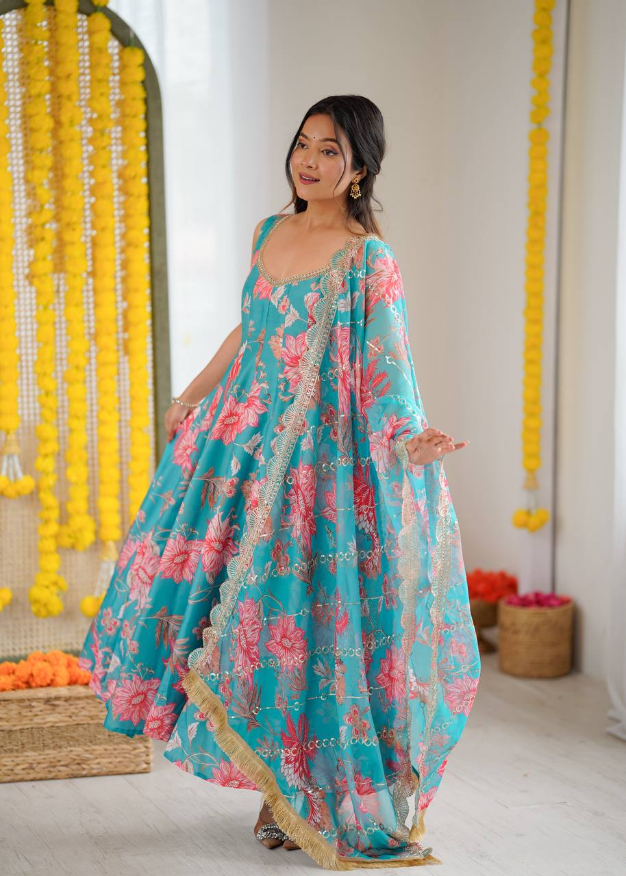 Sky Blue Muslin Floral Straight Kali Cut Anarkali Suit Set
