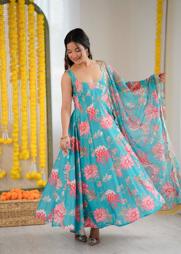 Sky Blue Muslin Floral Straight Kali Cut Anarkali Suit Set