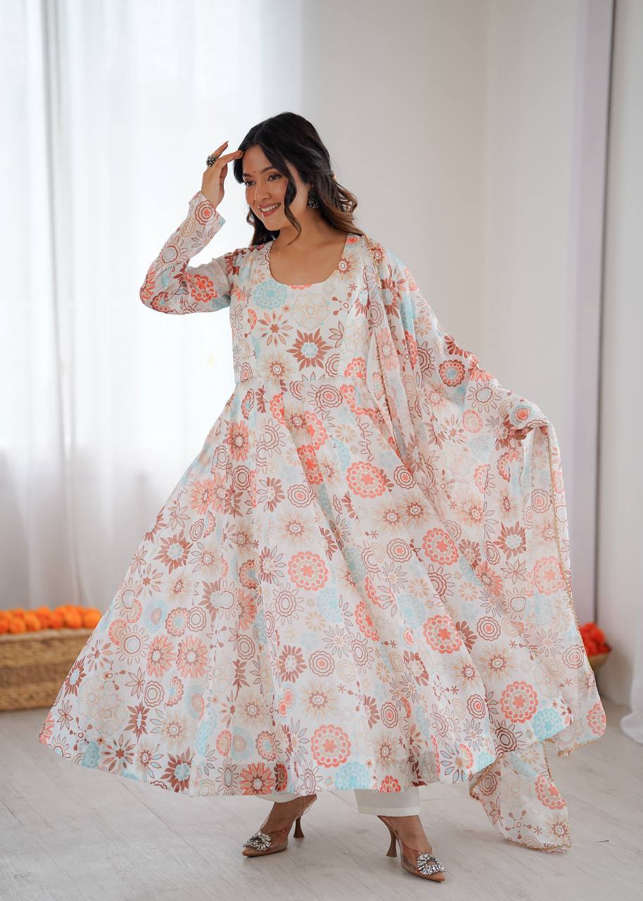 White Floral Organza Kali Cut Anarkali Suit Set