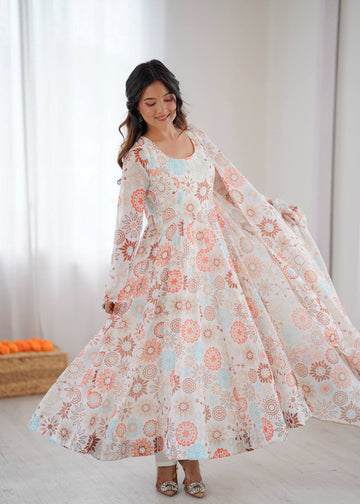 White Floral Organza Kali Cut Anarkali Suit Set