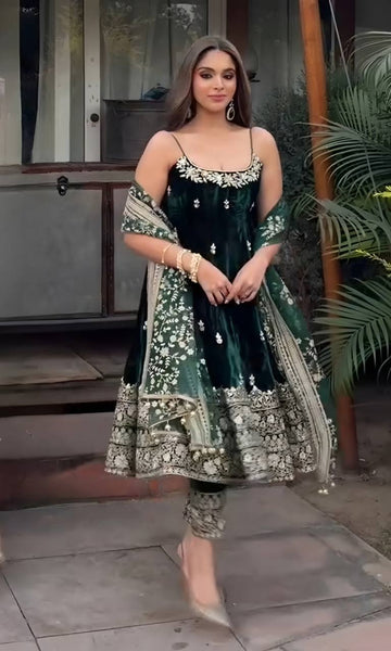 Emerald Green Vichitra Silk Sequin Anarkali Suit Set