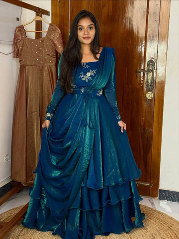 Blue Fendy Silk Sequin Embroidered Lehenga Choli Set