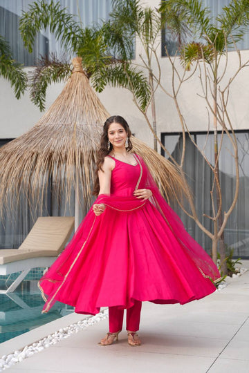 Pink Roman Silk Chanderi Anarkali Suit Set
