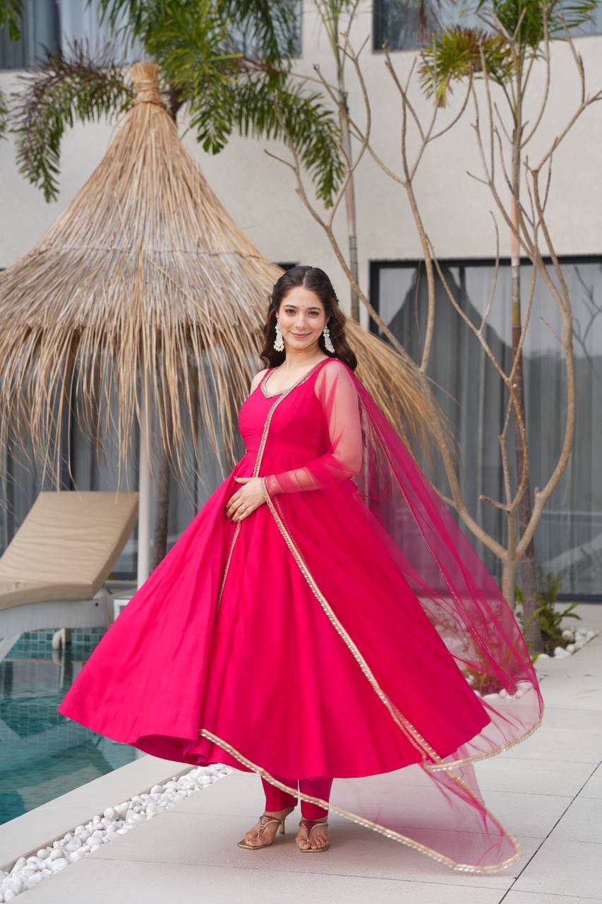 Pink Roman Silk Chanderi Anarkali Suit Set