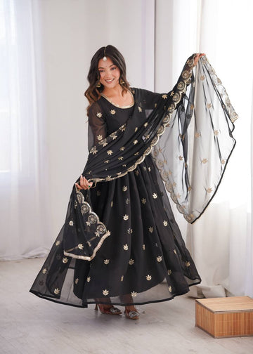 Black Georgette Sequin Embroidered Anarkali Suit Set