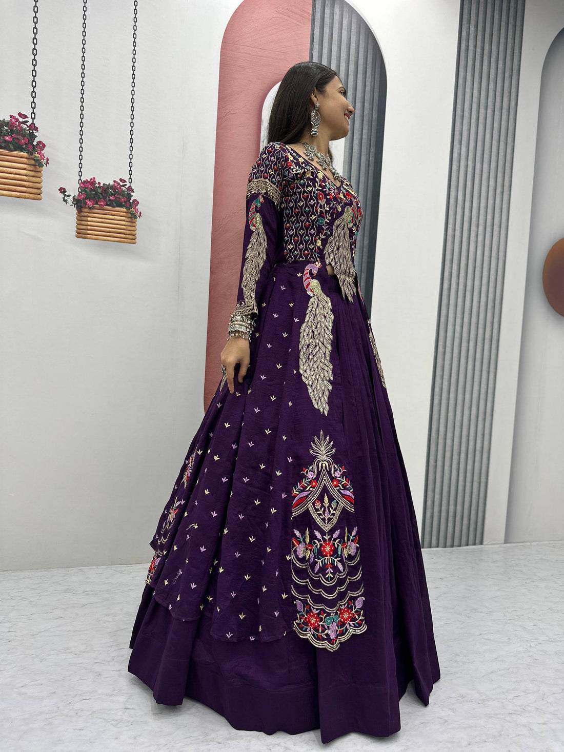 Wine Pure Vichitra Embroidered Crop Top Lehenga Set with Shrug