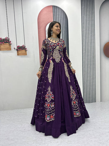 Wine Pure Vichitra Embroidered Crop Top Lehenga Set with Shrug