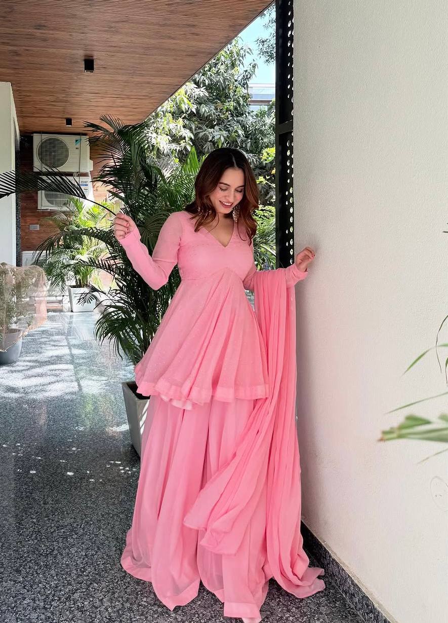 Baby Pink Faux Blooming Foil Work Sharara Suit Set