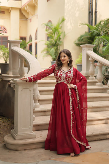Maroon Faux Blooming Sequin Embroidered Anarkali Gown with Dupatta
