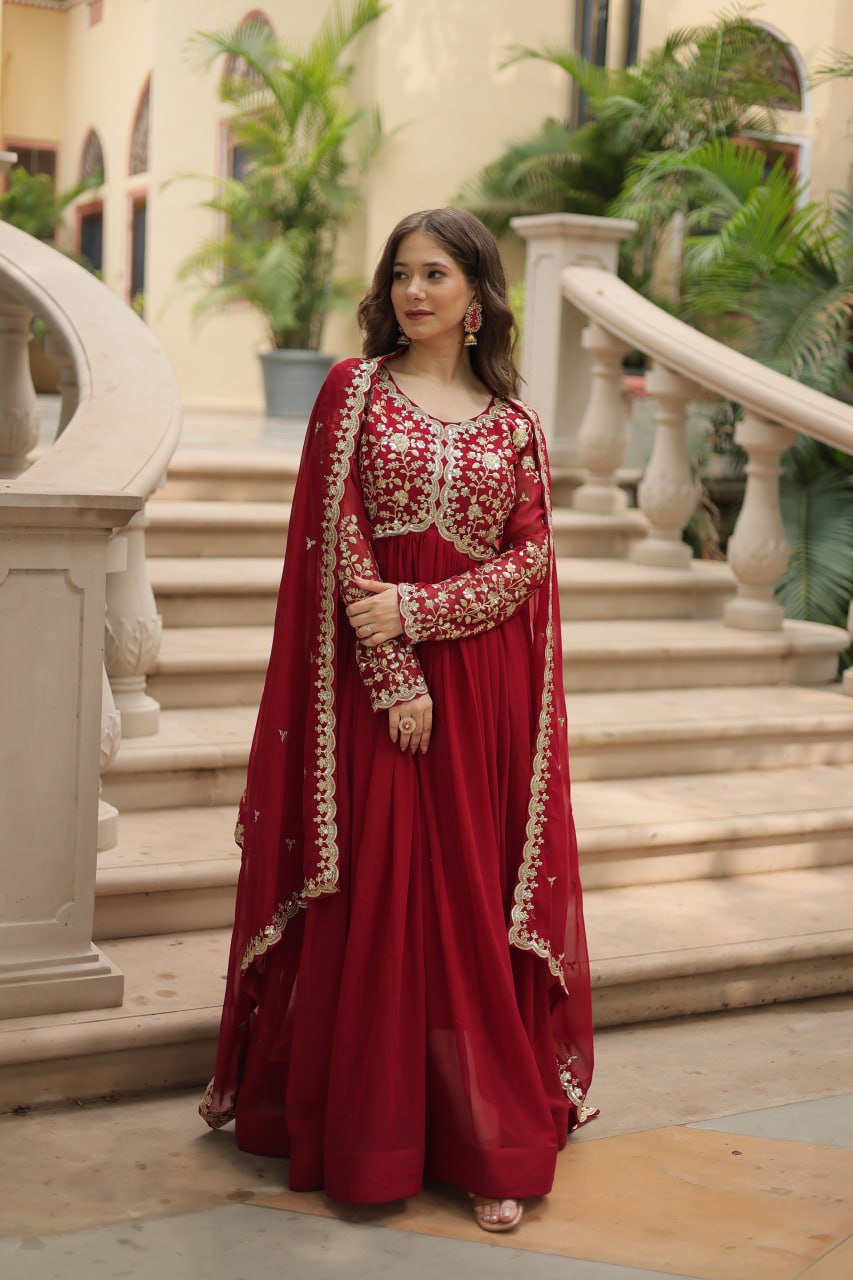 Maroon Faux Blooming Sequin Embroidered Anarkali Gown with Dupatta