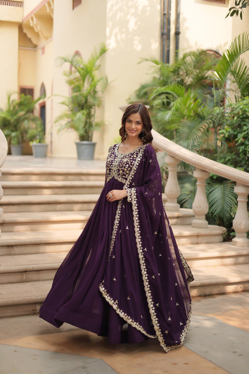 Wine Faux Blooming Sequin Embroidered Anarkali Gown with Dupatta