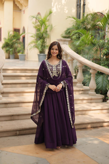 Wine Faux Blooming Sequin Embroidered Anarkali Gown with Dupatta