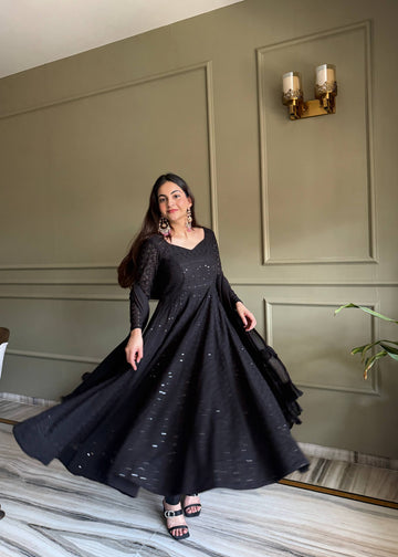 Black Lucknowi Sequin Faux Georgette Anarkali Suit Set