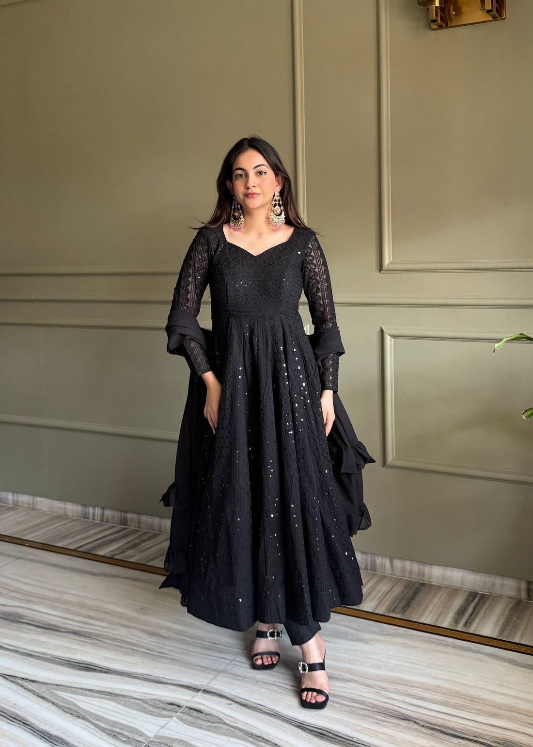 Black Lucknowi Sequin Faux Georgette Anarkali Suit Set