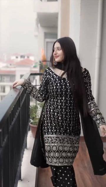 Black Sequin Embroidered Suit Set with Palazzo