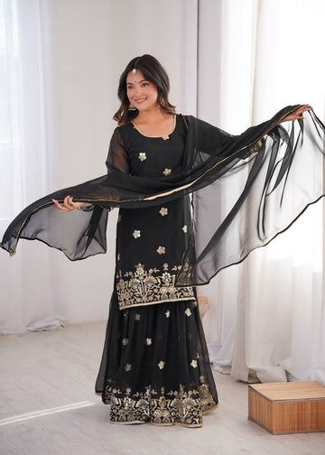 Black Georgette Sequin Embroidered Sharara Suit Set