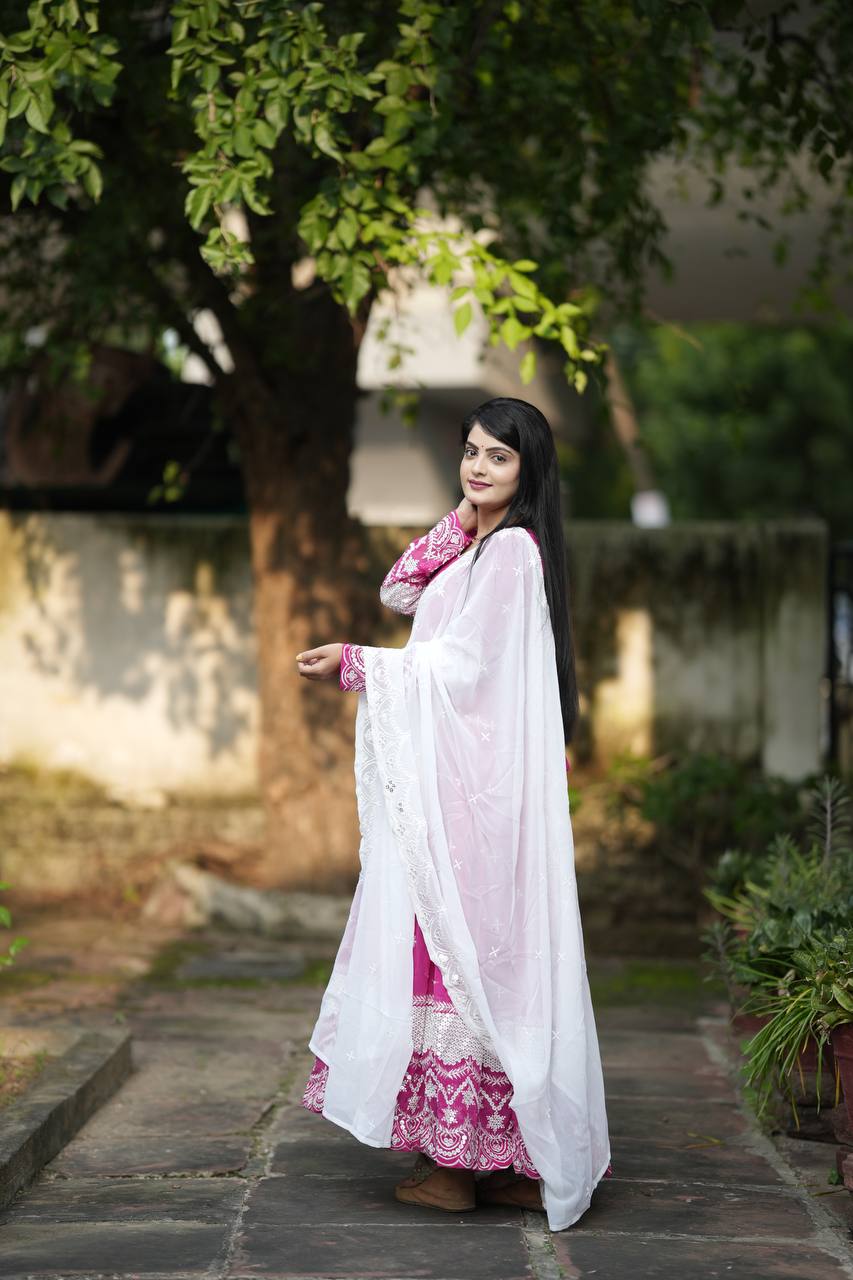 Pink Embroidered Faux Georgette Anarkali Suit Set