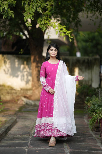 Pink Embroidered Faux Georgette Anarkali Suit Set