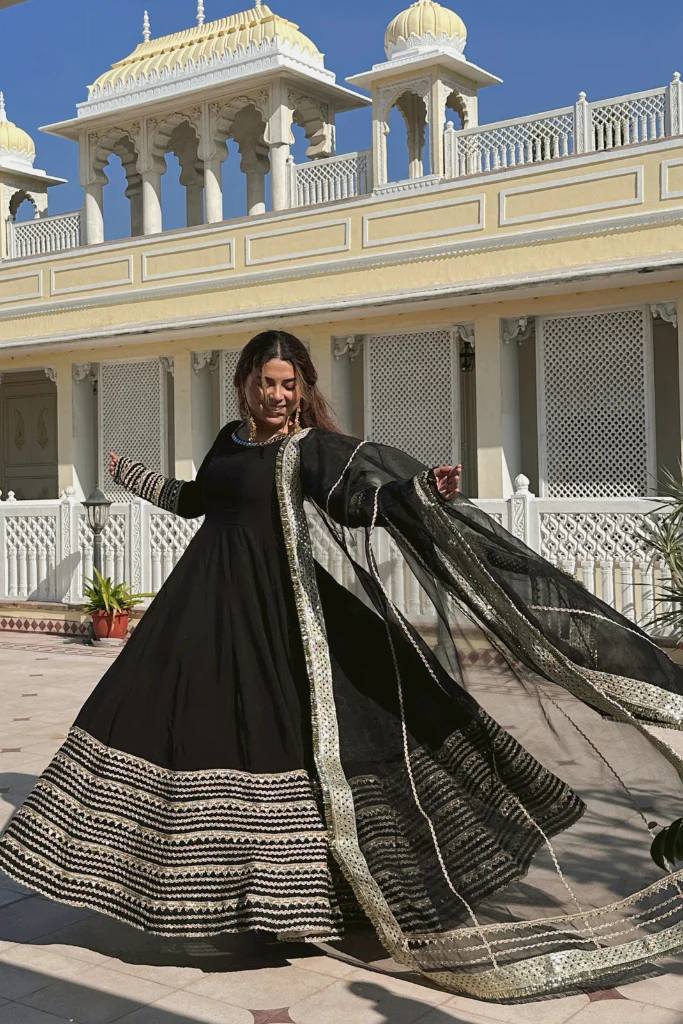 Black Rayon Cording Embroidered Anarkali Suit Set
