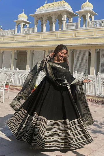 Black Rayon Cording Embroidered Anarkali Suit Set